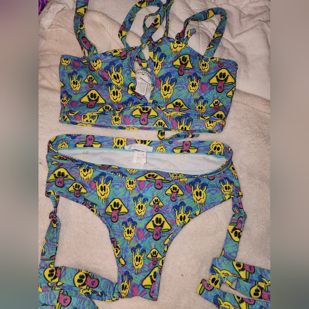iHeartRaves Blue Yellow Pink Smiley Bikini Set